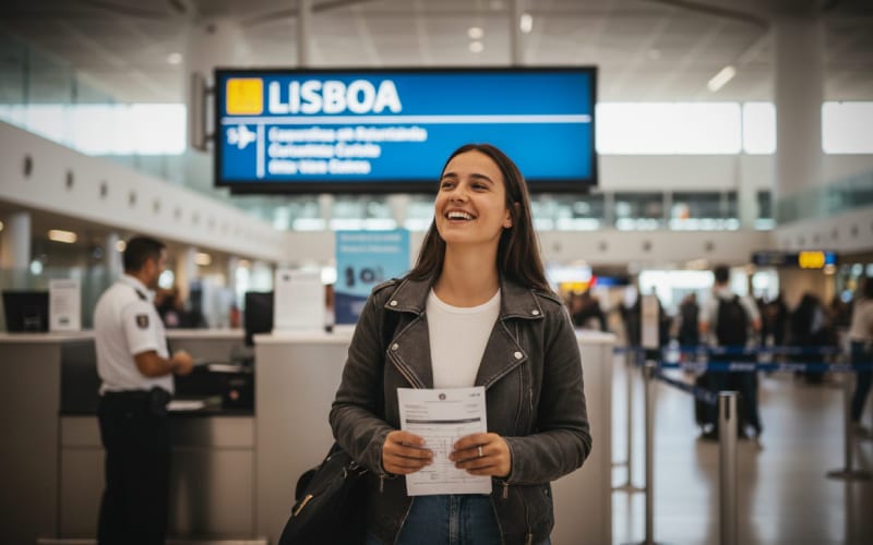 Une femme arrivant avec des papiers administratifs à l'aéroport pour le Portugal.
