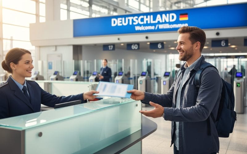 Un homme recevant un visa à l'aéroport en Allemagne.