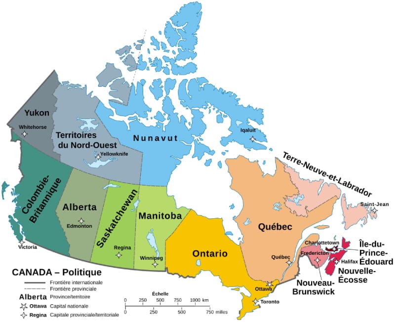 La carte entière du Canada avec les différentes régions. 