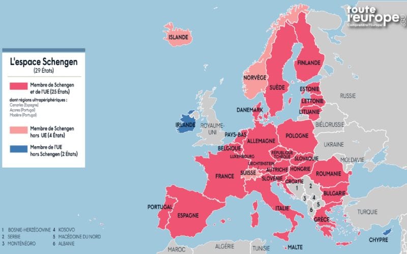 Carte de l'espace Schengen avec légende. 