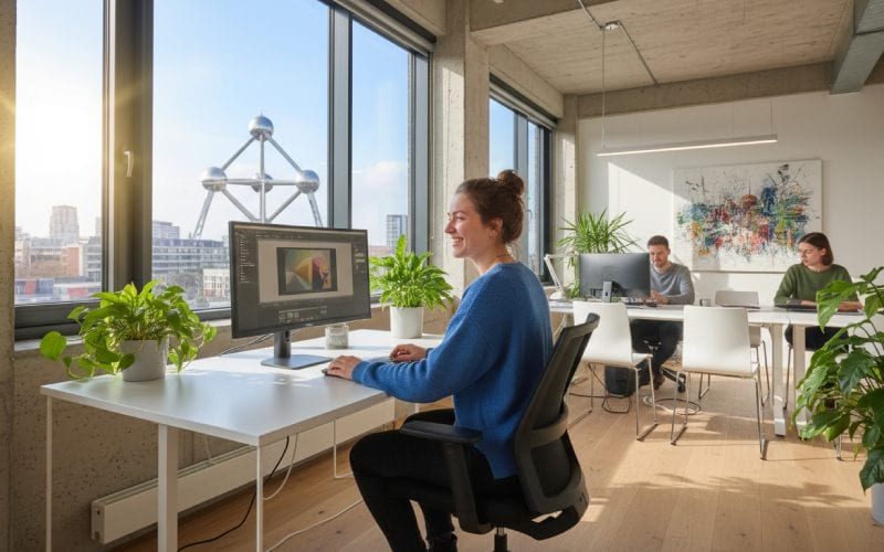 Entrepreneuse en Belgique dans un bureau avec vue sur un monument belge.