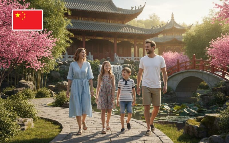 Famille heureuse et marchant à l'extérieur d'un temple chinois, dans un jardin fleuri.