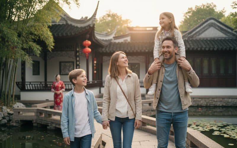 Famille heureuse dans un jardin chinois