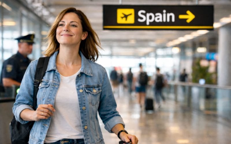 Une femme à l'aéroport prête à partir pour l'Espagne.