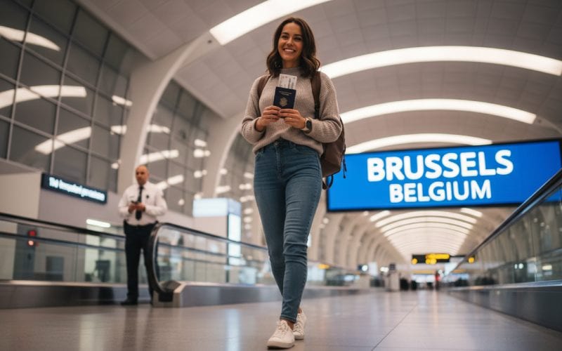 Une femme avec son passeport arrivant à l'aéroport en Belgique souriante.
