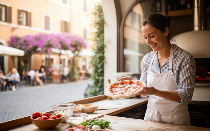 Une femme cuisinant une pizza en Italie.