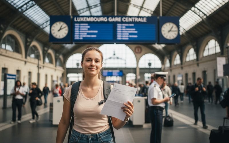 Une femme avec papiers administratifs à la gare de Luxembourg ville.