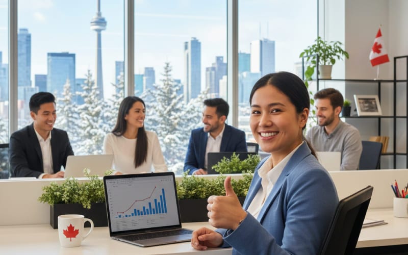 Une femme très heureuse de travailler dans un bureau à Toronto. 