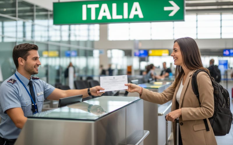 Une femme recevant son visa à l'aéroport au bureau d'immigration en italie.
