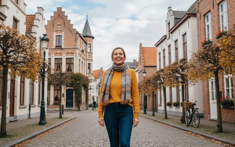Une femme souriante dans une rue traditionnelle en Belgique. 