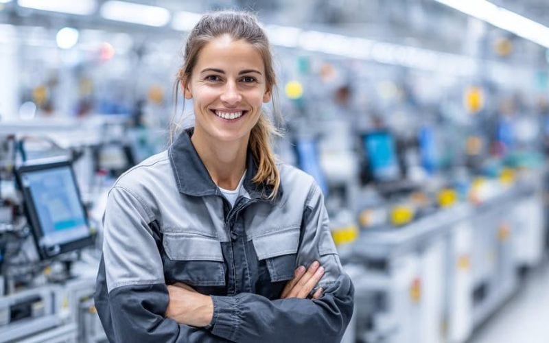 Femme souriante travaillant au Luxembourg. 