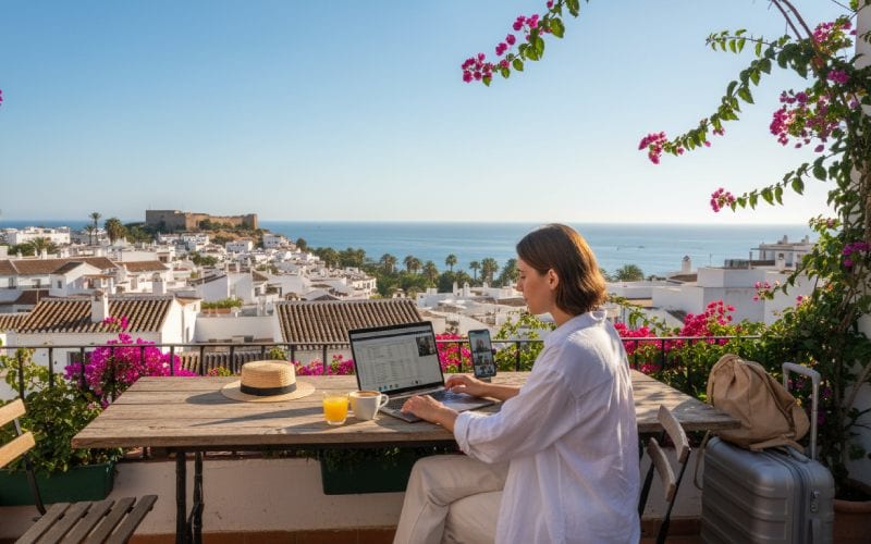 Une femme télétravaillant avec une vue magnifique sur une ville et la mer en Espagne. 