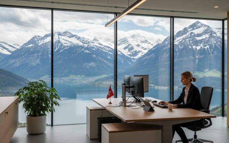 Une femme travaillant sur son ordinateur avec une vue sur les montages et un lac. 