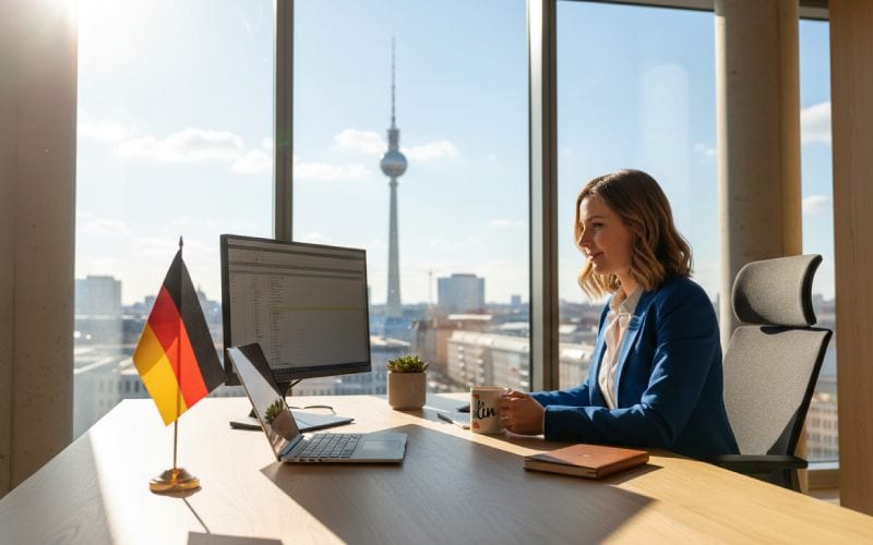 Une femme travaillant dans un bureau à Berlin.