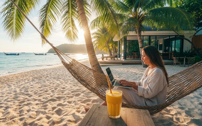 Une femme travaillant sur son ordinateur en étant dans un hammac sur un plage en Thailande. 
