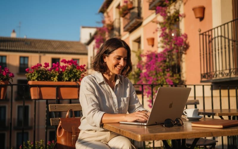 Femme travaillant sur balcon espagnol.