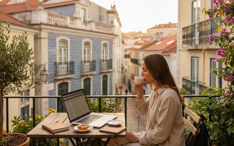Femme télétravaillant sur son balcon au Portugal. 