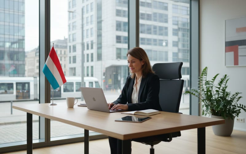 Une femme travaillant au Luxembourg dans un bureau moderne.