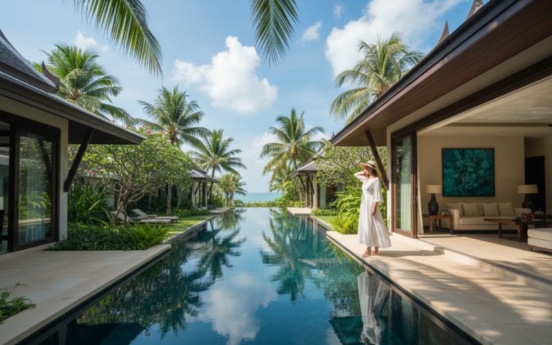 Une femme visitant une villa avec piscine en Thaïlande. 