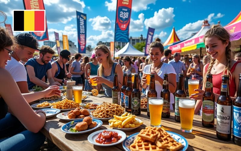 Une fête locale en Belgique avec des bières des gaufres, des frites et des personnes souriantes.