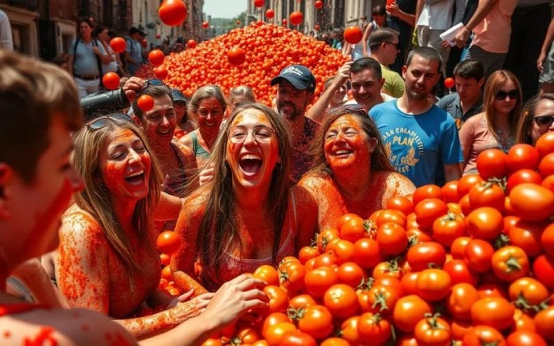 Femmes durant une fête traditionnelle en Espagne où faut se lancer des tomates. 