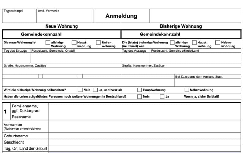 Le formulaire Amneldung permettant de s'enregistrer dans une mairie en Allemagne. 