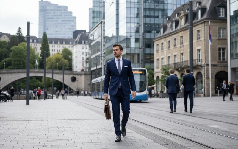 Un homme d'affaires marchant dans la rue au Luxembourg. 