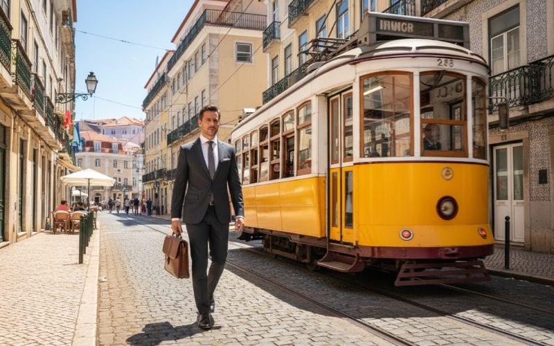 Un homme d'affaires marchant au Portugal dans une rue avec tramway traditionnel.