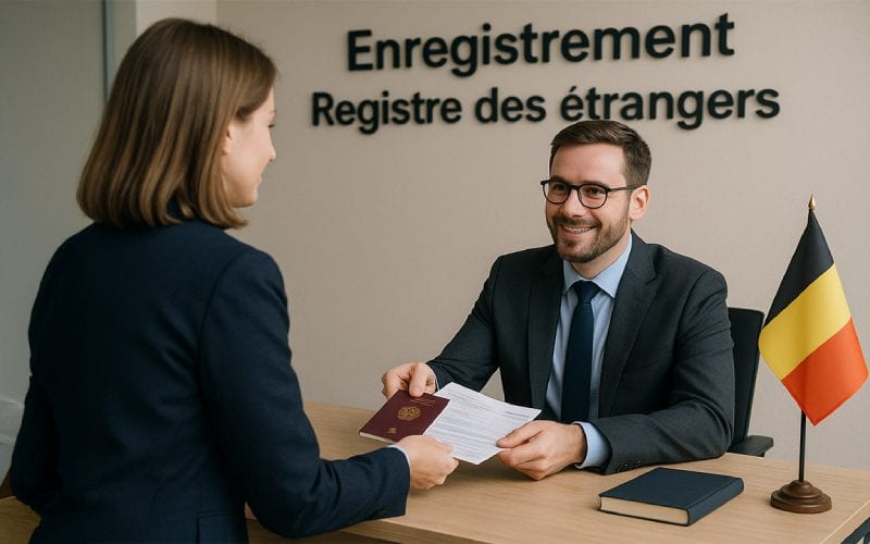 Un homme donnant le passeport à une femme expatriée dans un bureau d'immigration. 