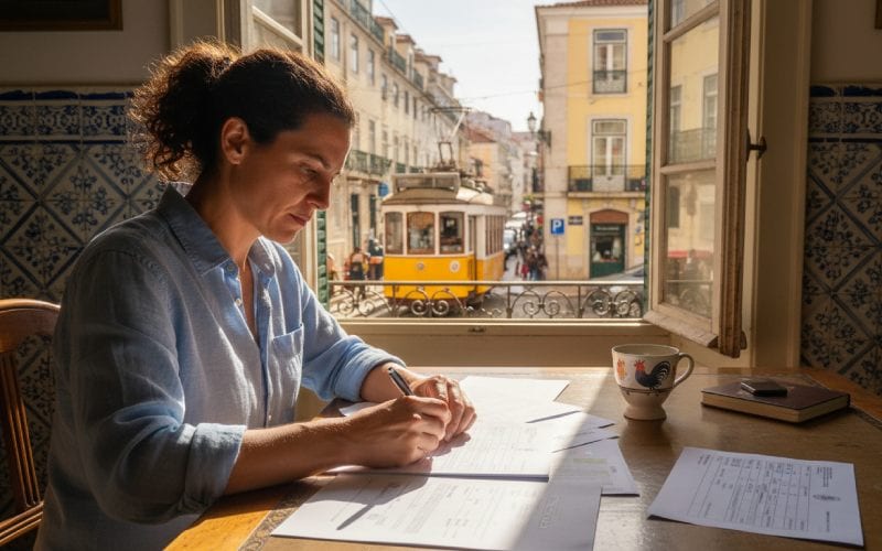 Un homme remplissant des papiers administratifs à Lisbonne, avec vue sur rue traditionnelle et tramway. 