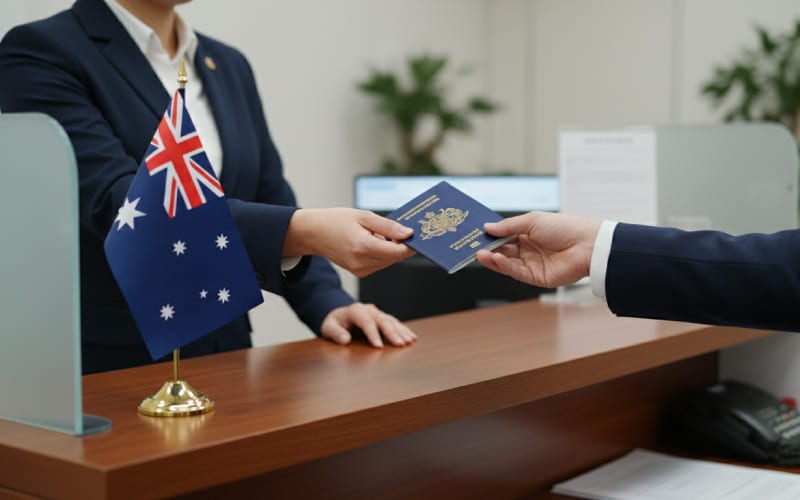 Un homme recevant un passeport dans un bureau d'immigration en Australie.