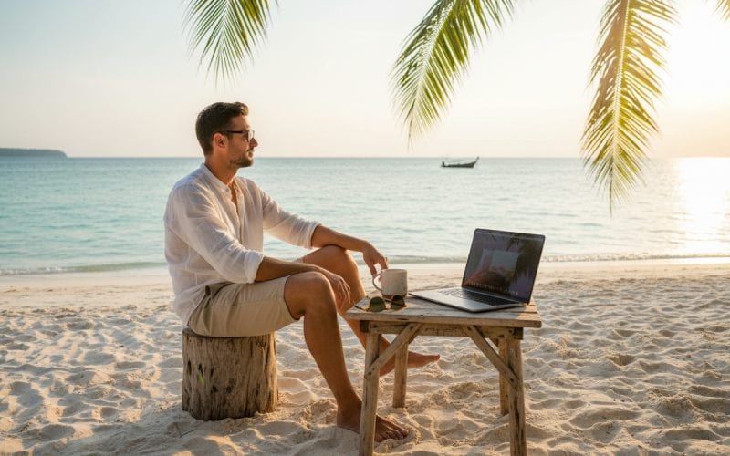 Un homme faisant du télétravail sur une plage en Thaïlande.