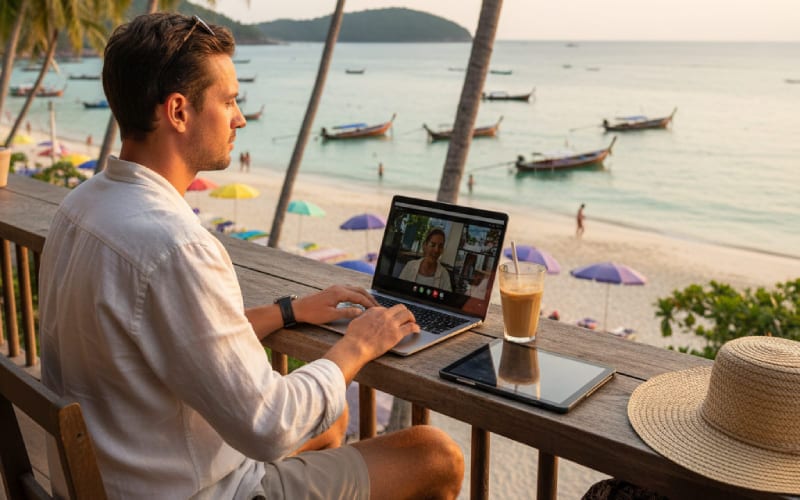 Homme travaillant depuis une plage en Thaïlande. 