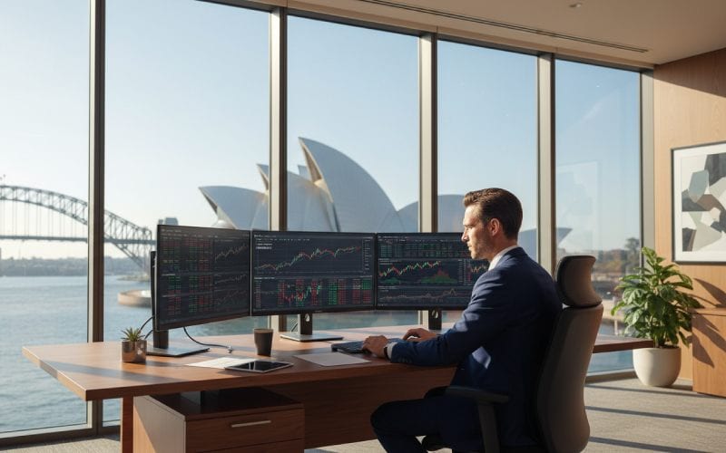 Un homme travaillant dans la finance avec vue sur l'opéra de Sydney. 