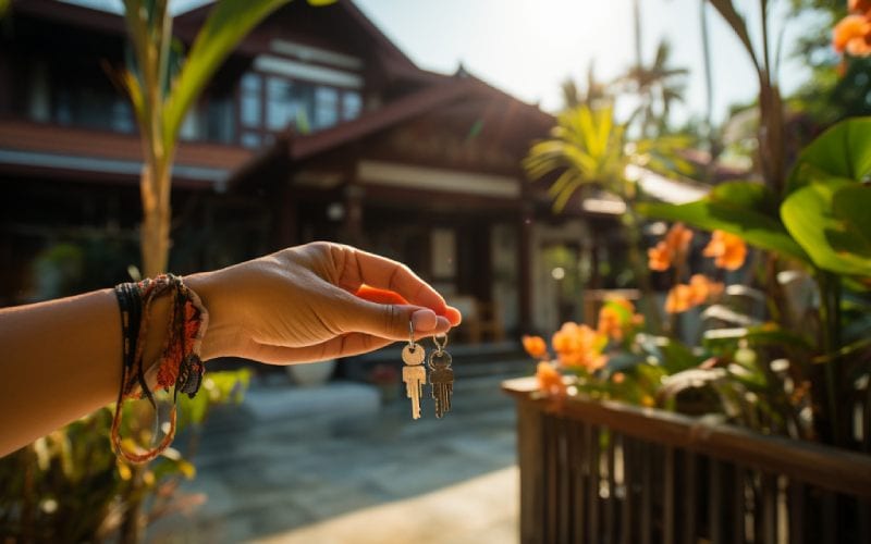 Une main de femme tenant des clés d'une villa achetée en Thaïlande. 