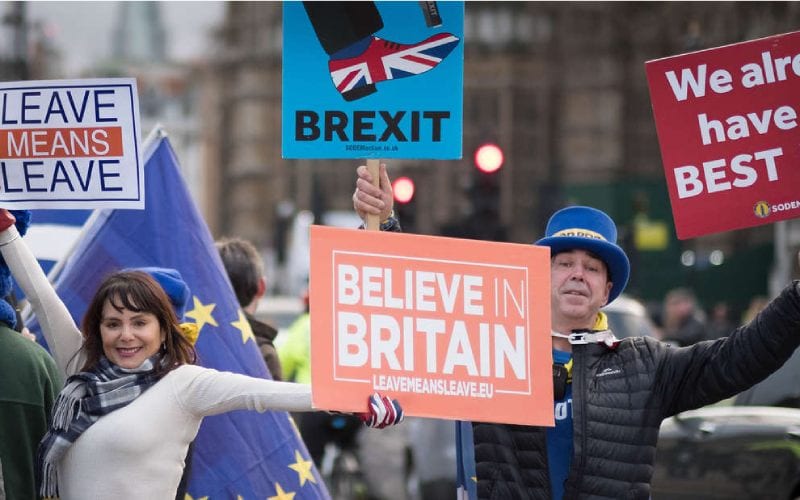 Des personnes manifestants pour le Brexit avec des pancartes. 
