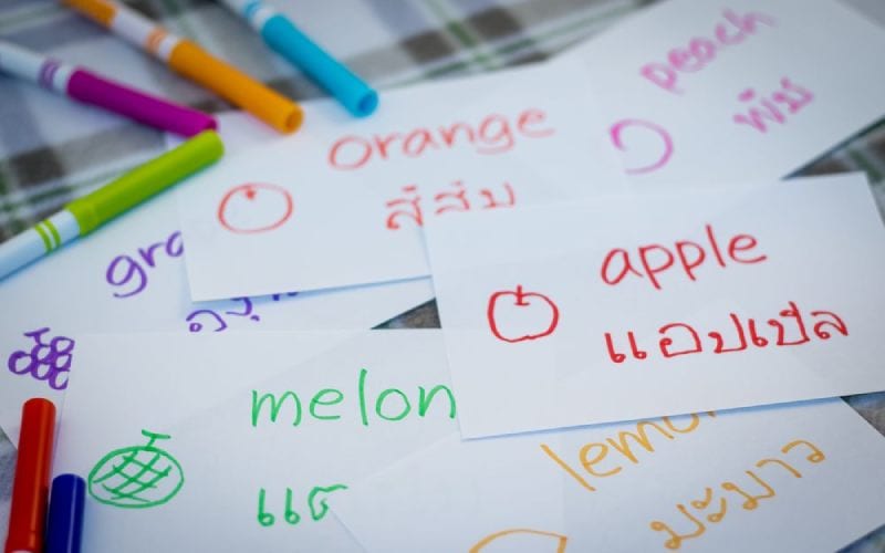 Traduction de mots français en thaïlandais. 