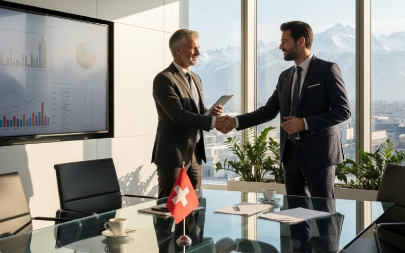 Photo d'une réunion d'affaires entre hommes, en Suisse avec vue sur les alpes 