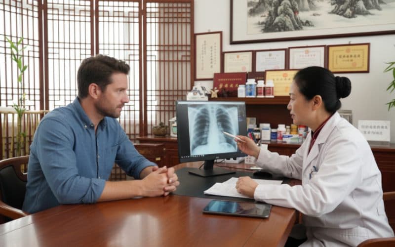 Un homme ayant un rendez-vous médical avec une docteur chinoise. 