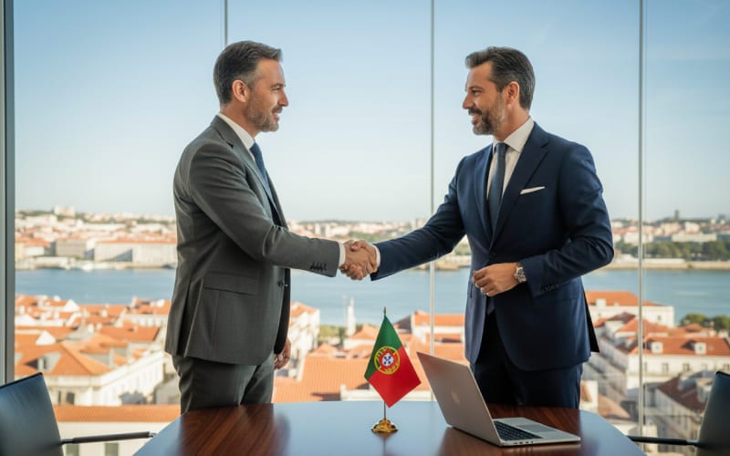 Une réunion d'affaires au Portugal entre deux hommes avec vue. 