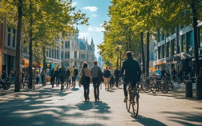 Un rue ensoleillée en Belgique avec des personnes marchant et d'autres à vélo se rendant au travail. 