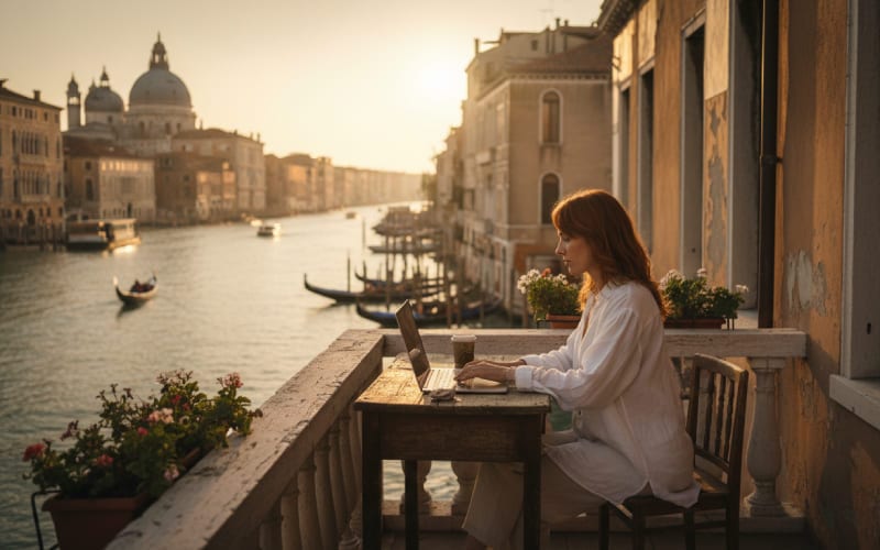 Une femme travaillant à Venise près de grand canal. 