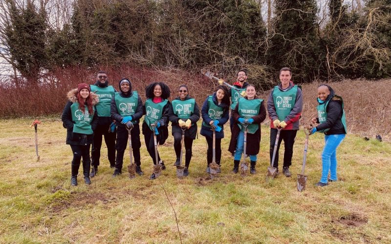 Un groupe de volontaire en train de planter des arbres au Royaume-Uni. 