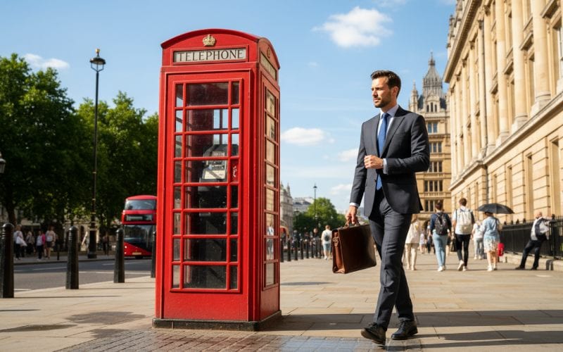 Un homme d'affaires élégant qui marche dans une rue en Angleterre.