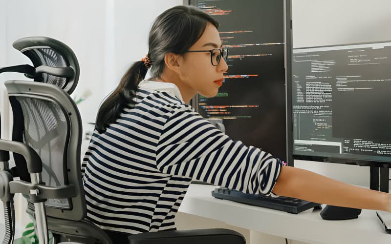 Une femme en train de programmer un code en Chine. 