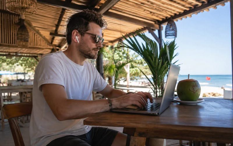 Un européen digital nomad au Brésil en train de travailler sur son ordinateur.