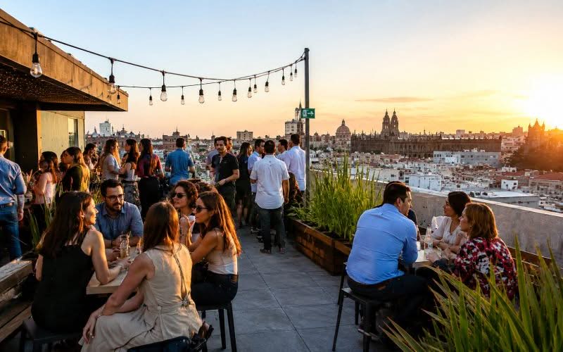 Un afterwork au mexique avec de nombreuses personnes profitant d'un rooftop bar.